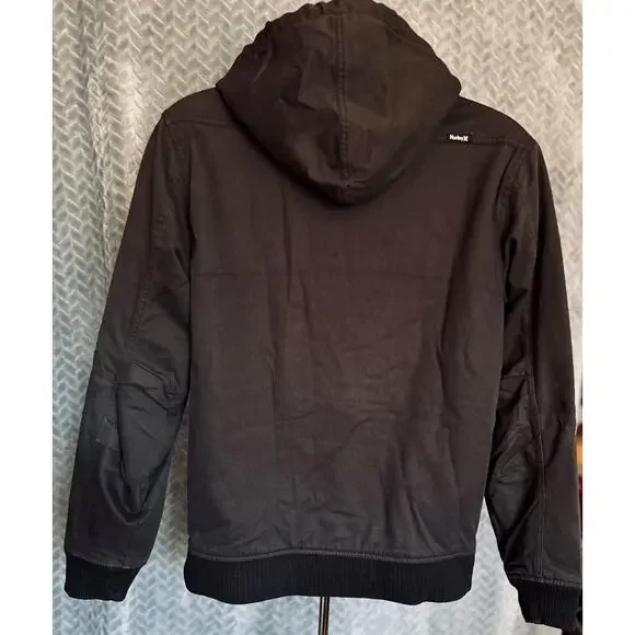 Hurley Mens Fleece Lined Hooded Black Canvas Denim Jacket- Small Outdoor Chore - Picture 4 of 5